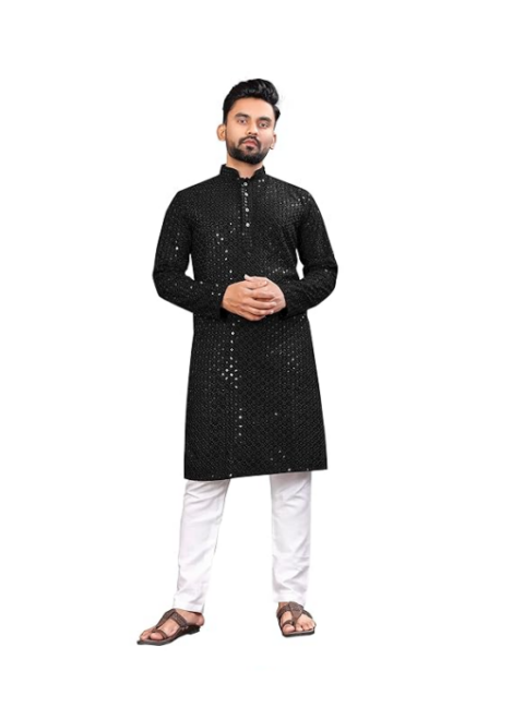 Men’s Indian Ethnic Wear Straight Lucknowi, Chikankari Sequins Kurta, Black