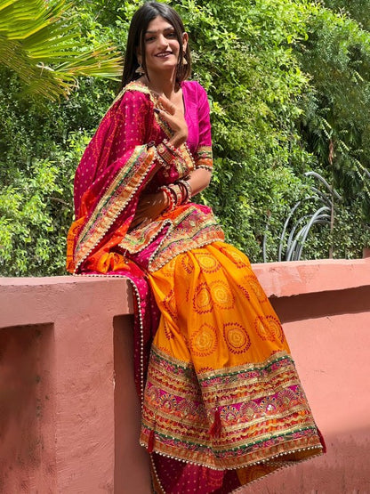 Orange & Pink Printed & Embroidered Pure Chiffon Bandhani Saree