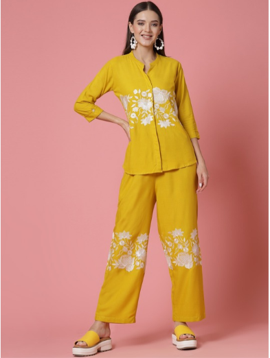 Molly & Michel Embroidered Mandarin Collar Neck Shirt With Straight Trousers