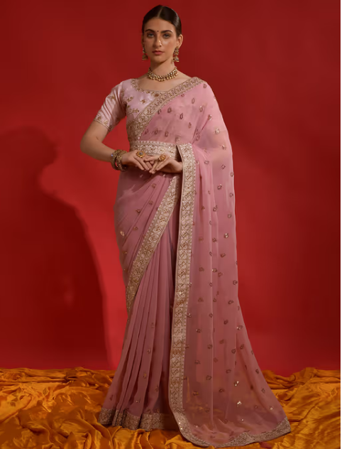 Akhilam Women Georgette Pink Embellished Designer Saree with Unstitched Blouse