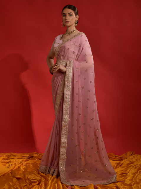 Akhilam Women Georgette Pink Embellished Designer Saree with Unstitched Blouse