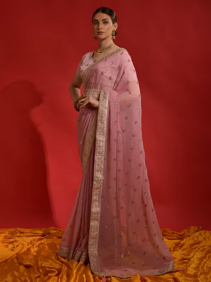 Akhilam Women Georgette Pink Embellished Designer Saree with Unstitched Blouse