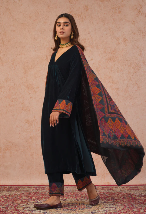 TEAL BLUE VELVET SUIT WITH WOVEN DUPATTA