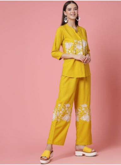 Molly & Michel Embroidered Mandarin Collar Neck Shirt With Straight Trousers