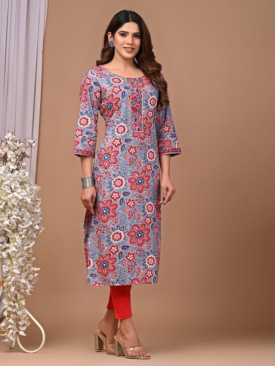 Floral Printed Round Neck Straight Kurta