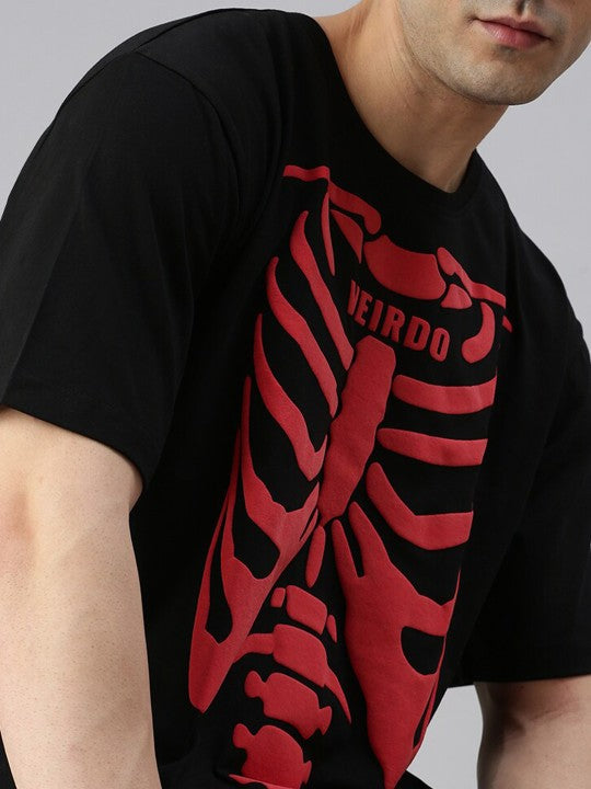 Men Black Graphic Printed V-Neck Raw Edge Oversized T-shirt