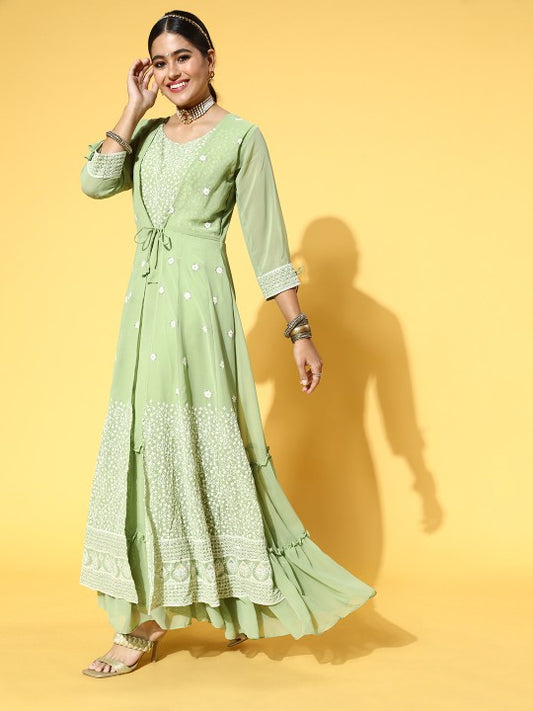 Light Green Georgette Embroidery Partywear Gown