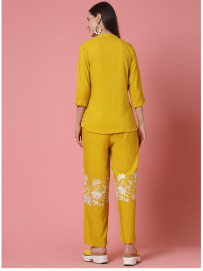 Molly & Michel Embroidered Mandarin Collar Neck Shirt With Straight Trousers