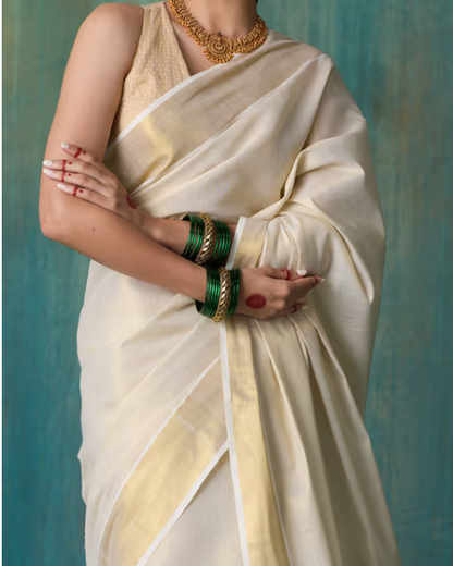 Gold Tyohar Kasavu Cotton Zari Saree with Running Blouse