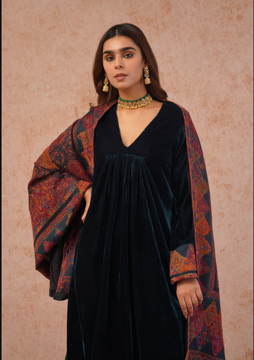 TEAL BLUE VELVET SUIT WITH WOVEN DUPATTA