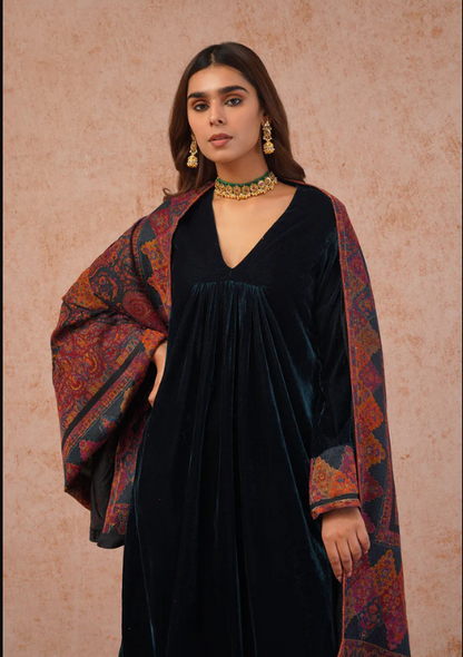 TEAL BLUE VELVET SUIT WITH WOVEN DUPATTA