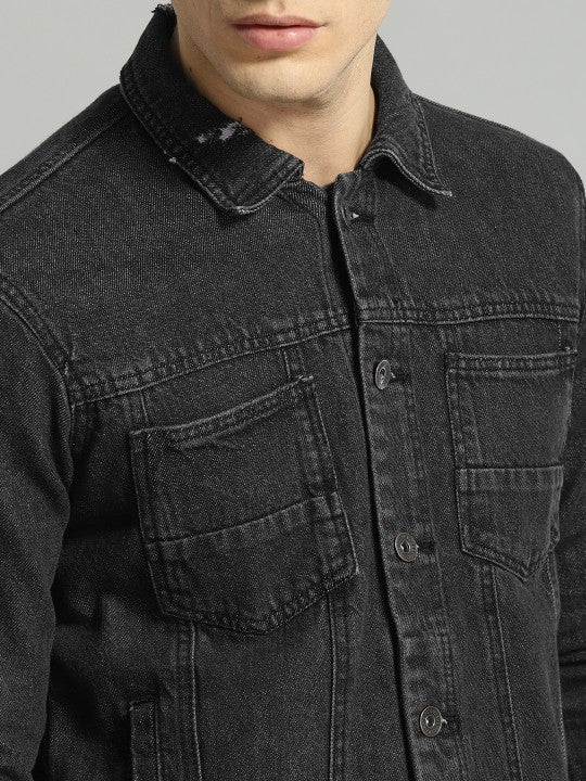 Men Black Solid Denim Jacket