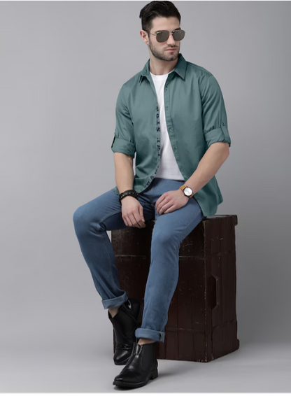 Green Solid Pure Cotton Sustainable Casual Shirt