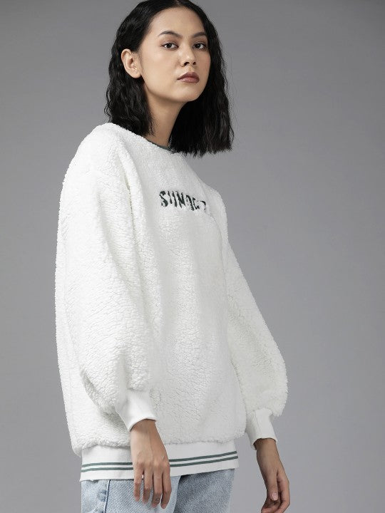 Women White Embroidered Sherpa Sweatshirt