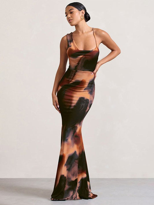 Tie and Dye Asymmetric Neck Mermaid Style Maxi Dress