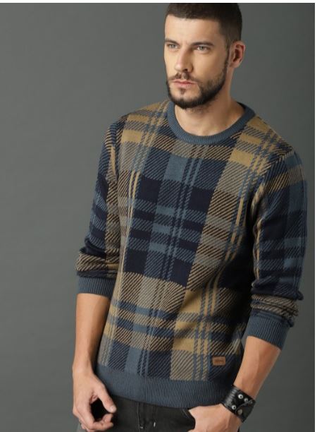 Roadster Men Grey & Brown Checked Pullover Sweater