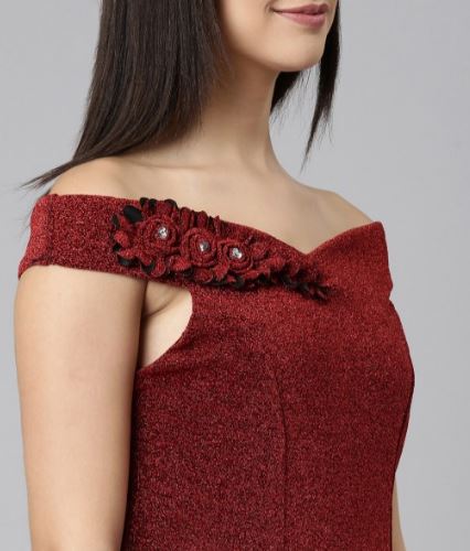 Maroon Embellished Off Shoulder Dress