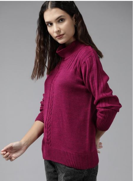 Women Magenta Cable Knit Acrylic Pullover