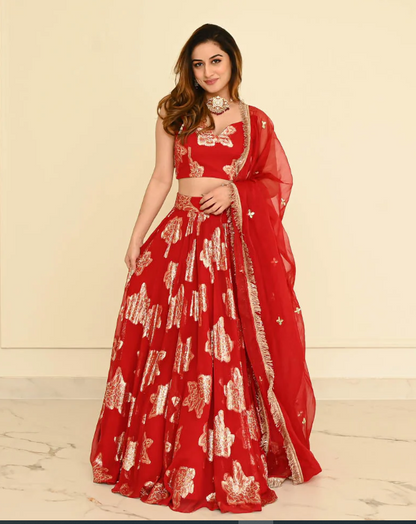 RED JACQUARD LEHENGA SET