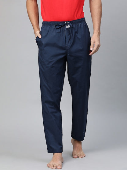 Men Navy Blue Solid Pure Cotton Lounge Pants