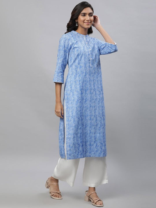 Band Collar Floral Printed Straight Cotton Kurta