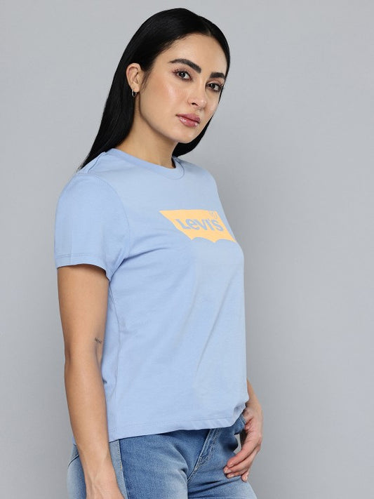 Women Graphic Print Round Neck Cotton Blend Light Blue T-Shirt