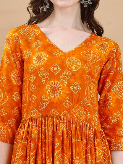 Bandhani Printed V-Neck Pleated A-Line Kurta