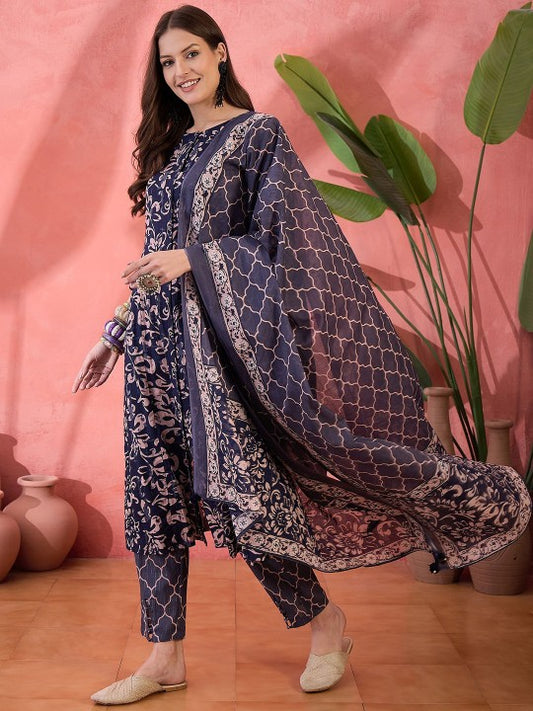 Floral Printed Round Neck Pure Cotton A-Line Kurta With Trousers & Dupatta