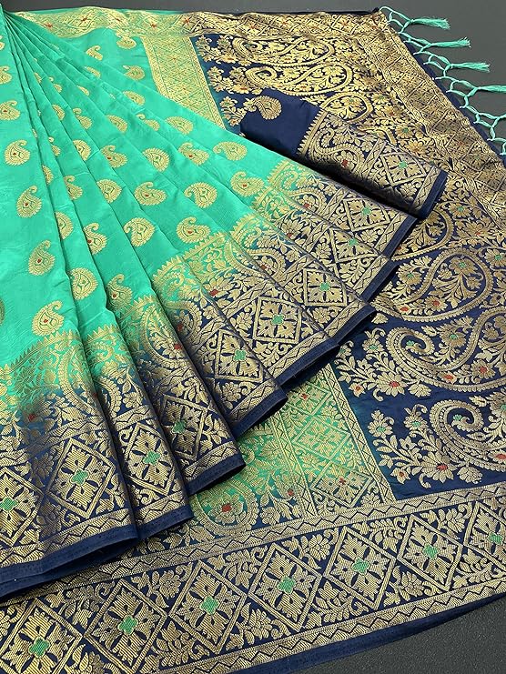 iZibra Women Kanjivaram Soft Cotton Silk Saree Pattu Sarees Banarasi Sari Original Kanchipuram Pure Silk Design with Blouse for Wedding sadi new ladies 2022 (Keri-Meena)