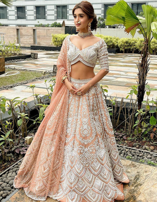 Beige Taffeta Silk Embroidery Wedding Wear Lehenga