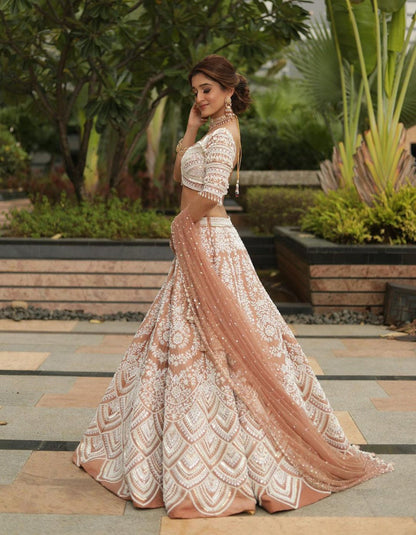 Beige Taffeta Silk Embroidery Wedding Wear Lehenga