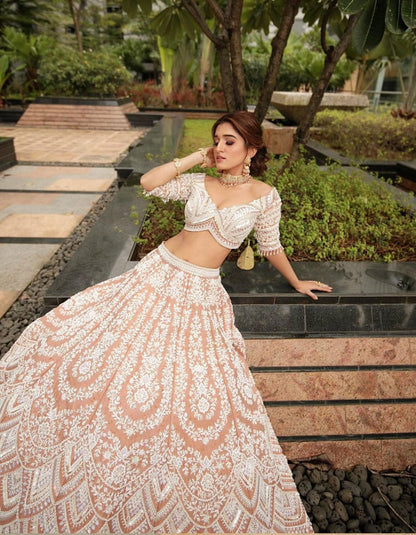 Beige Taffeta Silk Embroidery Wedding Wear Lehenga