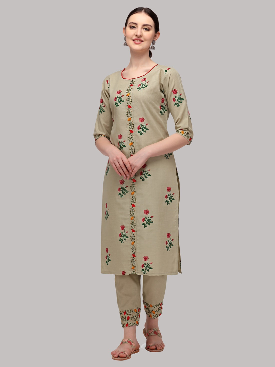 Beige Rubi Cotton Printed Embroidered Casual Wear Kurta Set