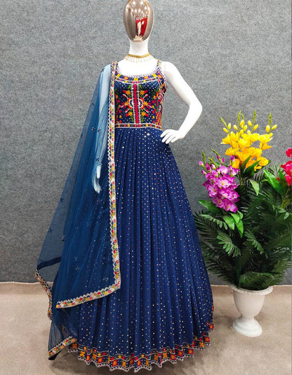 Blue Georgette Embroidery Partywear Gown