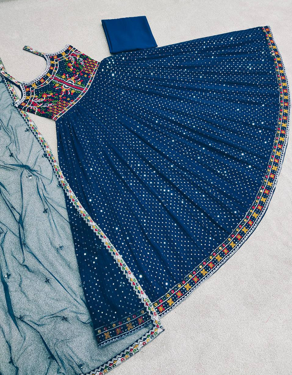 Blue Georgette Embroidery Partywear Gown