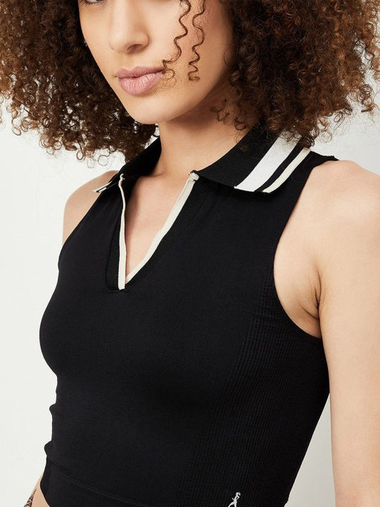 Ladies Black Collared cropped top