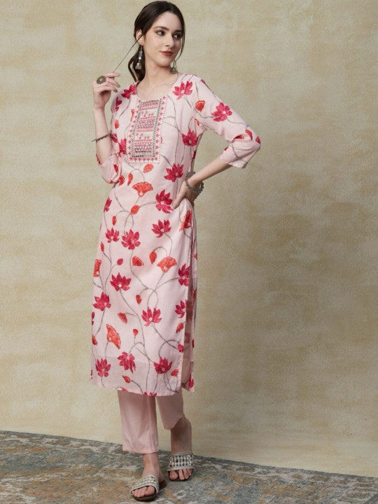 Floral Embroidered Mirror Work Pure Cotton Kurta With Trousers & Dupatta