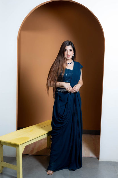 Blue Drape Saree With Belt