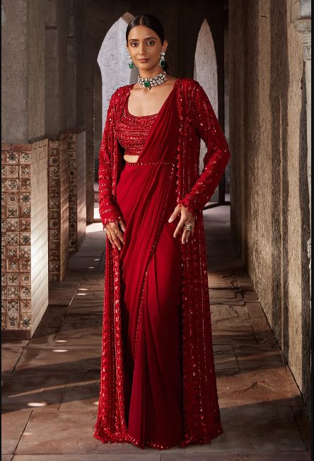 RED EMBROIDERED GEORGETTE PRE DRAPE SAREE SET