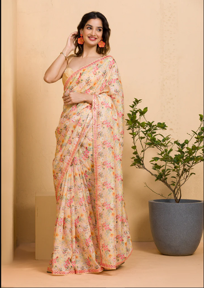 Lemon Yellow Floral Printed Organza Designer Saree