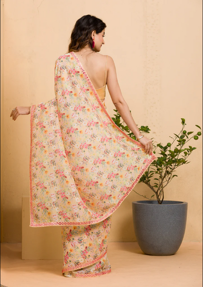 Lemon Yellow Floral Printed Organza Designer Saree