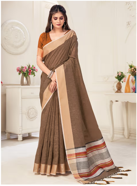 Sangam Prints Brown Linen Woven Work Traditional Tassel Saree with Unstitched Blouse