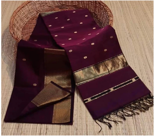 Indiehaat Maheshwari Cotton Silk Saree butta Body Dark Violet Color and contrast blouse with butta design