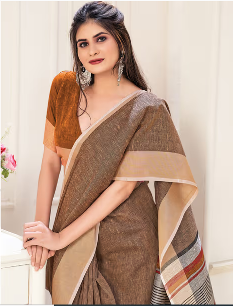 Sangam Prints Brown Linen Woven Work Traditional Tassel Saree with Unstitched Blouse