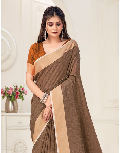 Sangam Prints Brown Linen Woven Work Traditional Tassel Saree with Unstitched Blouse