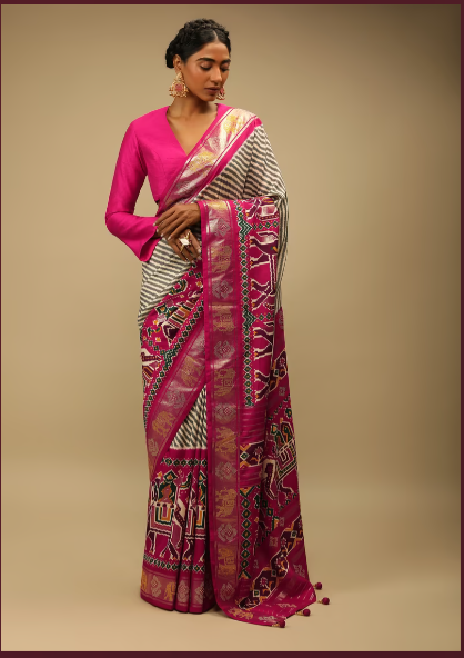 Rani Pink Patola Saree In Soft Silk With Brown And White Stripes And Stick On Kundan Work