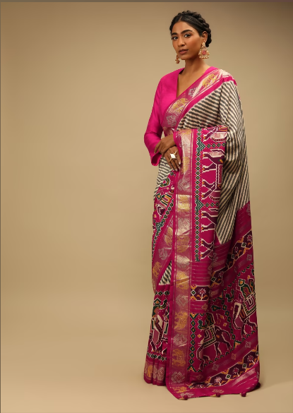 Rani Pink Patola Saree In Soft Silk With Brown And White Stripes And Stick On Kundan Work