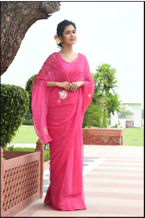 MULMUL SURI FUCHSIA PITTAN WORK CHIFFON SAREE