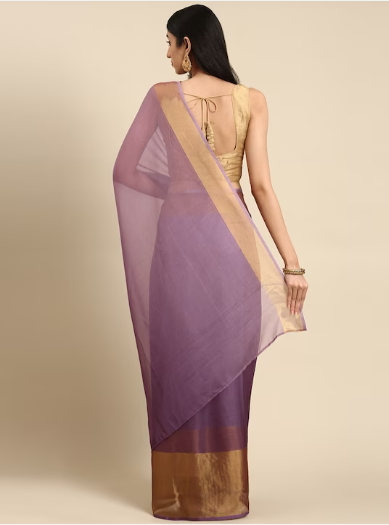 Violet & Gold-Toned Solid Pure Chiffon Saree