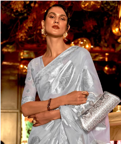 Mitera Grey & Silver-Toned Floral Silk Blend Muga Saree